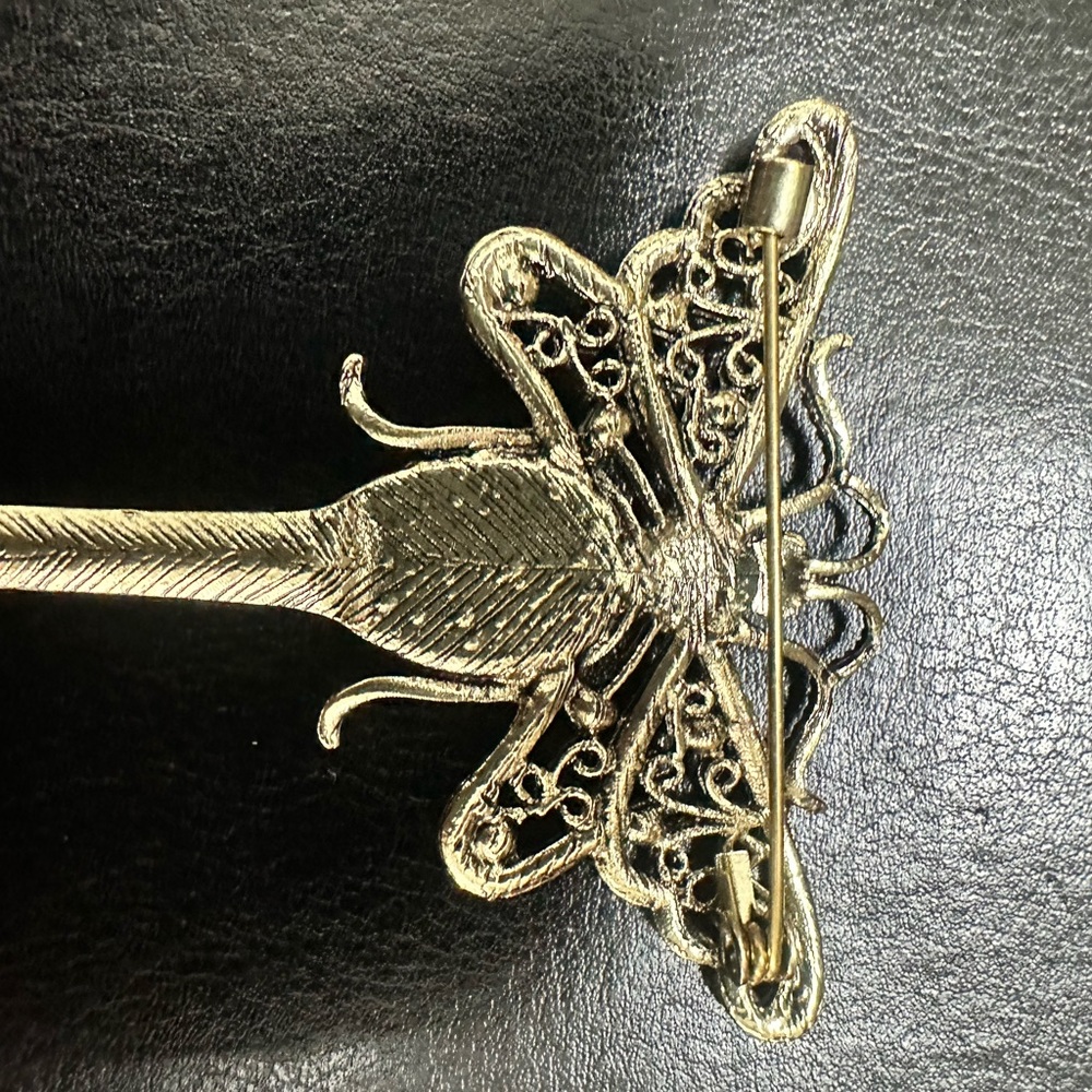 Filigree Dragonfly Brooch with Clear Crystal and Faux Pearl Accent - Picture 3 of 4